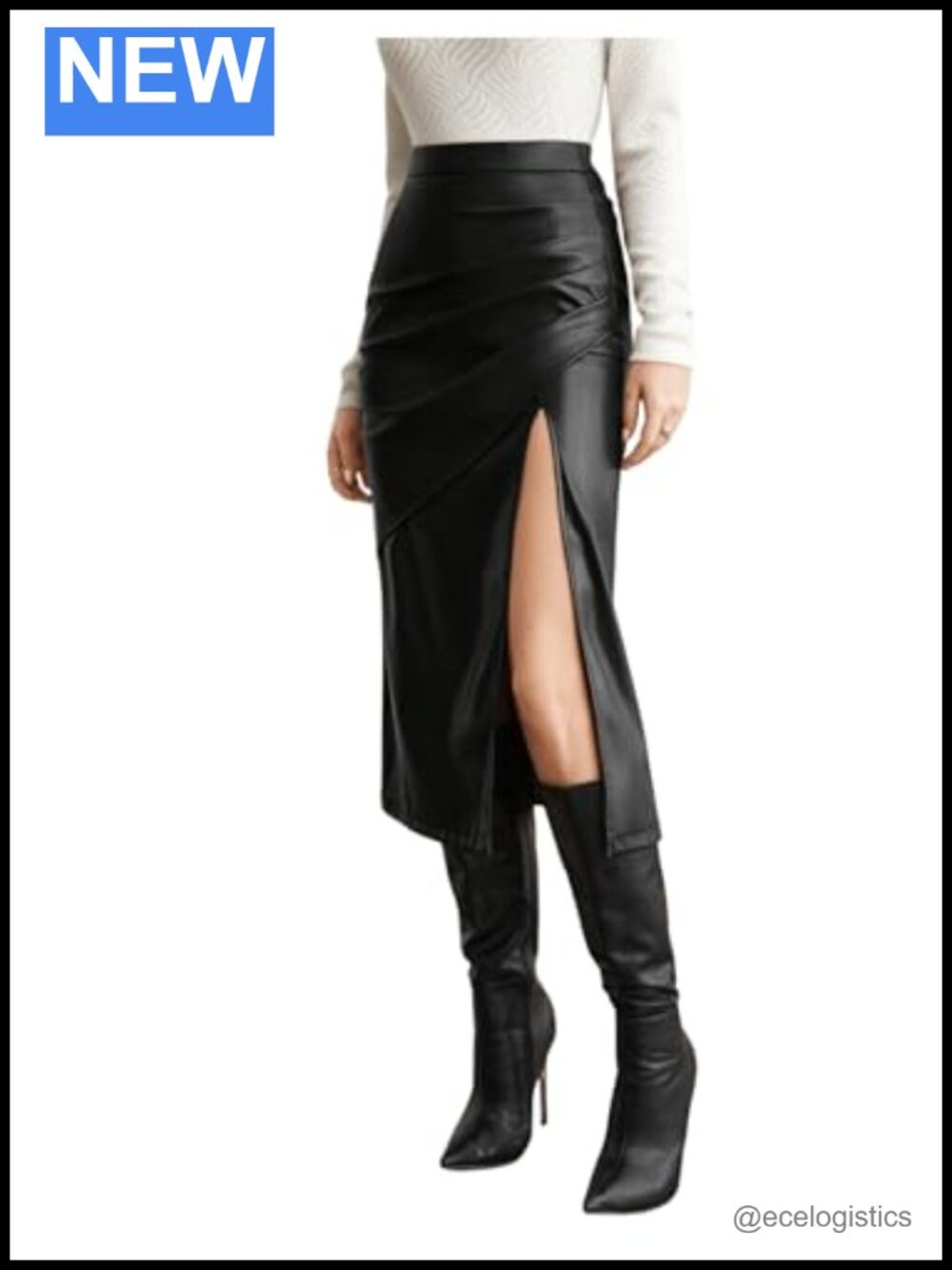 Women's Faux Leather Pencil Midi Skirt High Waist Side Slit